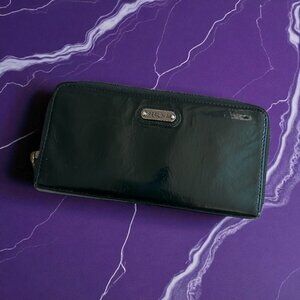 PERLINA Deep Green Patent Leather Zip Around Clutch Wallet